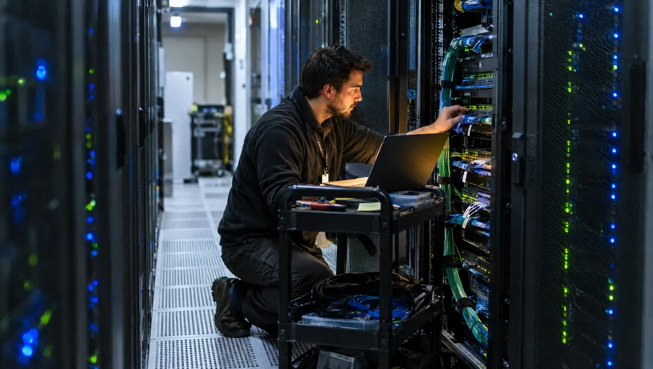 IT-insener kontrollib sülearvutiga serveririiuli kaabeldust